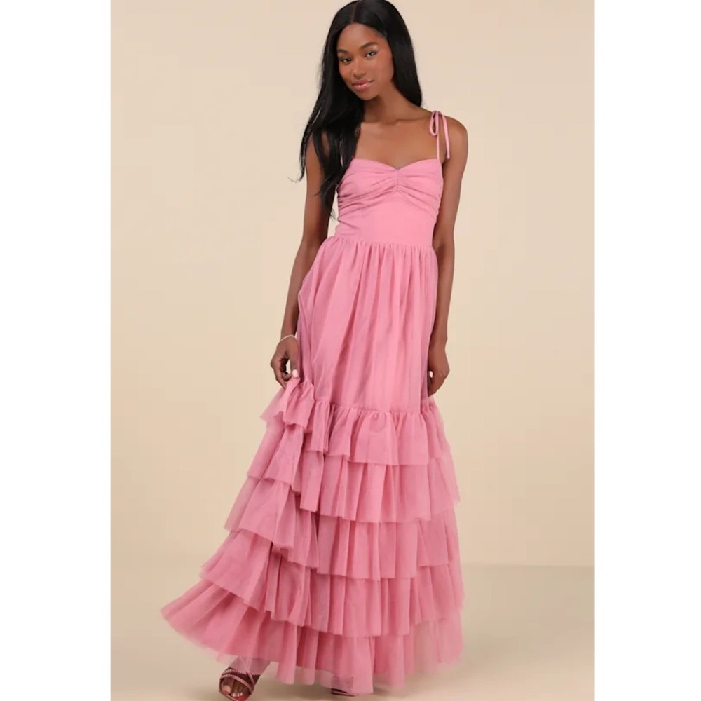 Lulus Endlessly Darling Dusty Rose Mauve Pink Mesh Tiered Tie Strap Maxi Dress S